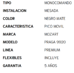 GRIFERIA MOZART COCINA MONOCOMANDO LUJO PRAGA NEGRA G9920 - Imagen 6